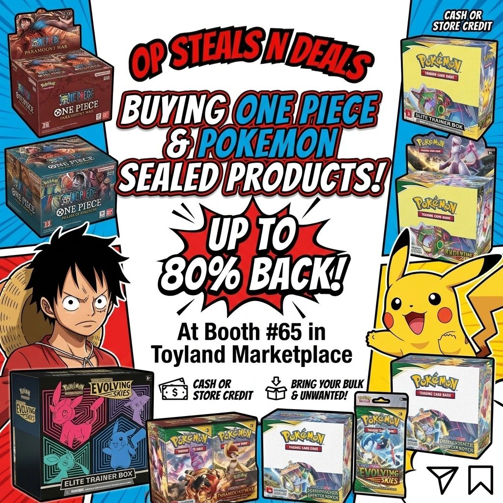 OP Steals n Deals — Buying One Piece and Pokemon sealed products, up to 80% back at Booth #65 in Toyland Marketplace